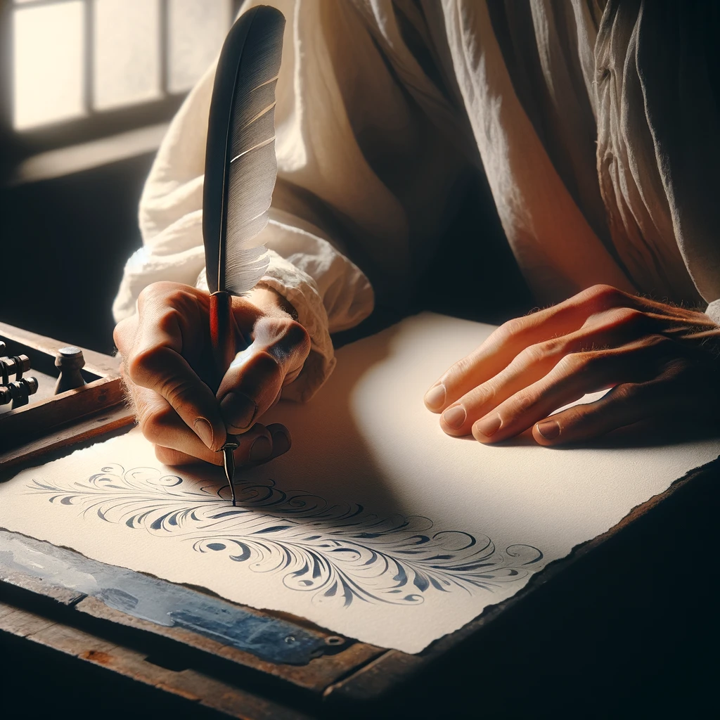 Persona escribiendo con pluma sobre papel, representando el arte del lettering, la caligrafía y la tipografía.