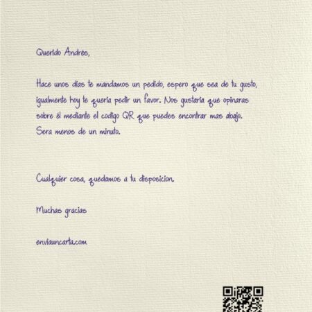 Ejemplo de una de nuestras cartas manuscritas con código QR, escrita con caligrafía elegante en papel de alta calidad, combinando el estilo tradicional con la innovación digital.