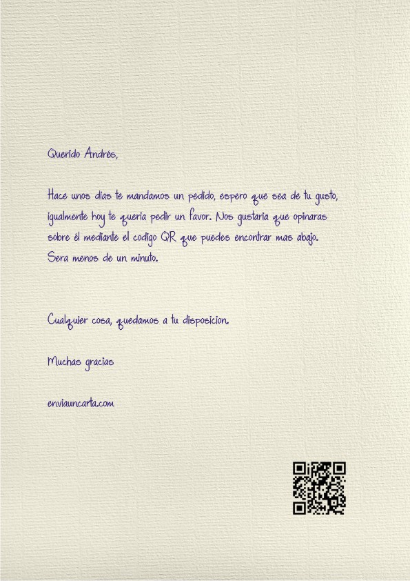 Ejemplo de una de nuestras cartas manuscritas con código QR, escrita con caligrafía elegante en papel de alta calidad, combinando el estilo tradicional con la innovación digital.