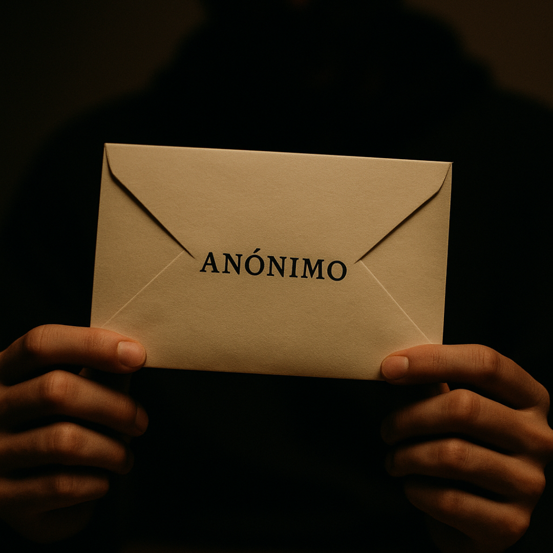 Persona sosteniendo un sobre con la palabra “anónimo”, simbolizando el envío de cartas anónimas escritas a mano.