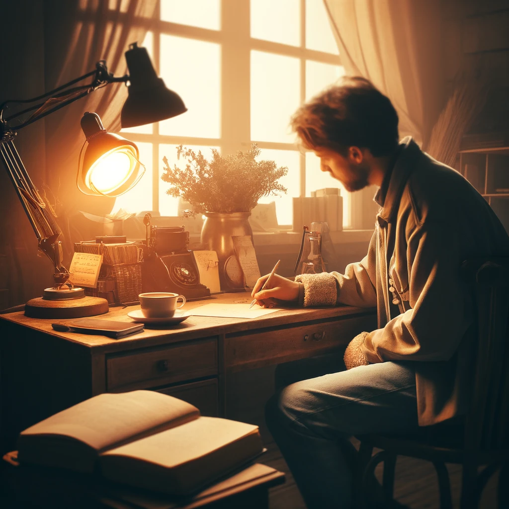 Persona escribiendo una carta a mano junto a una lámpara cálida, simbolizando reflexión y conexión personal.