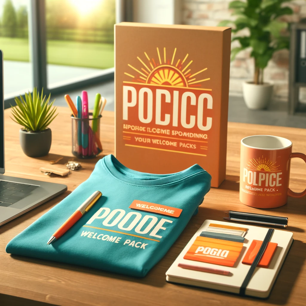Welcome pack para empleados con camiseta, taza, libreta y bolígrafos personalizados sobre escritorio, ejemplo de bienvenida corporativa.