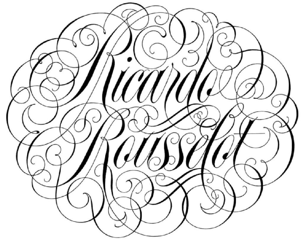 Logotipo caligráfico de Ricardo Rousselot con trazos ornamentales, ejemplo del estilo de lettering y elegancia del calígrafo argentino.