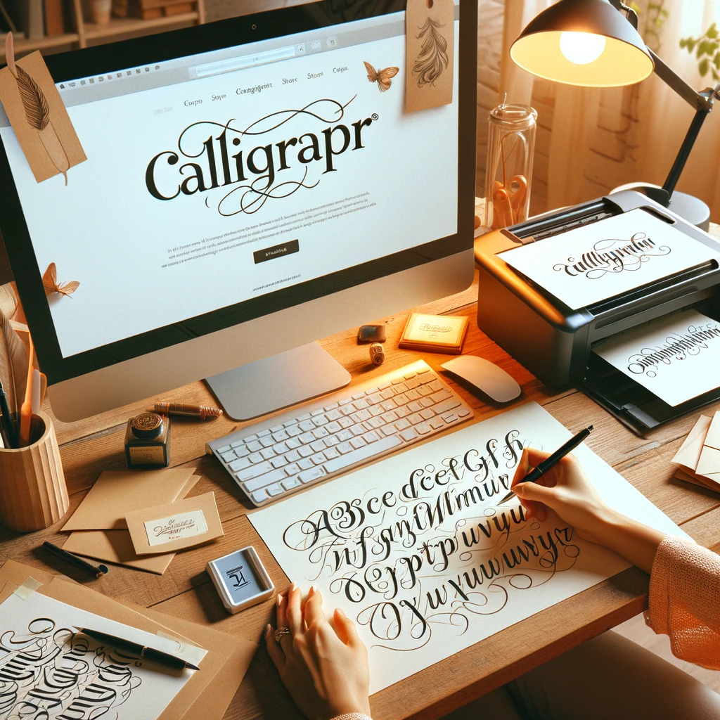 Escritorio con ordenador mostrando Calligraphr y una persona escribiendo caligrafía, ejemplo de cómo convertir tu escritura en una fuente digital personalizada.