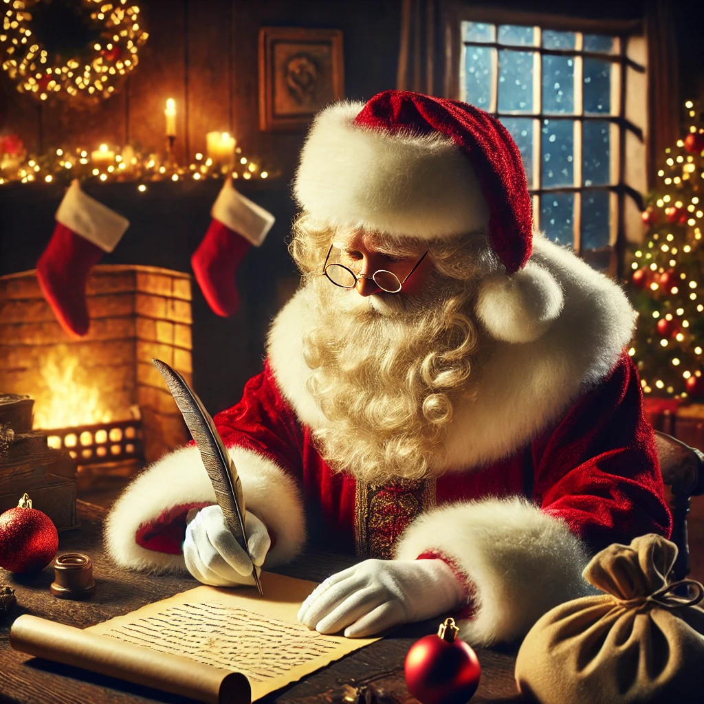Santa Claus escribiendo una carta escrita a mano por Navidad junto a la chimenea, rodeado de luces y decoración navideña, simbolizando la magia de las cartas personalizadas.