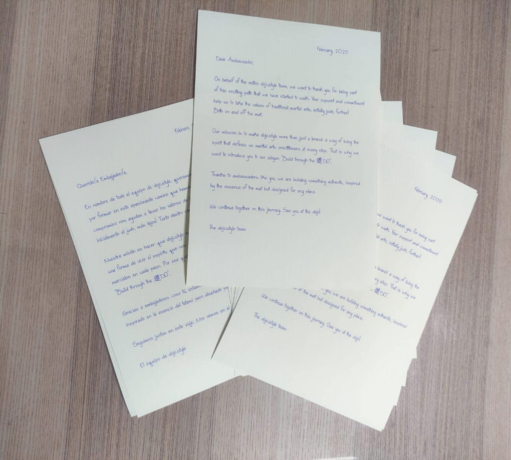 Cartas escritas a mano enviadas para la marca DOJO.STYLE sobre una mesa de madera, ejemplo de cartas personalizadas para marcas realizadas por Enviaunacarta.com.