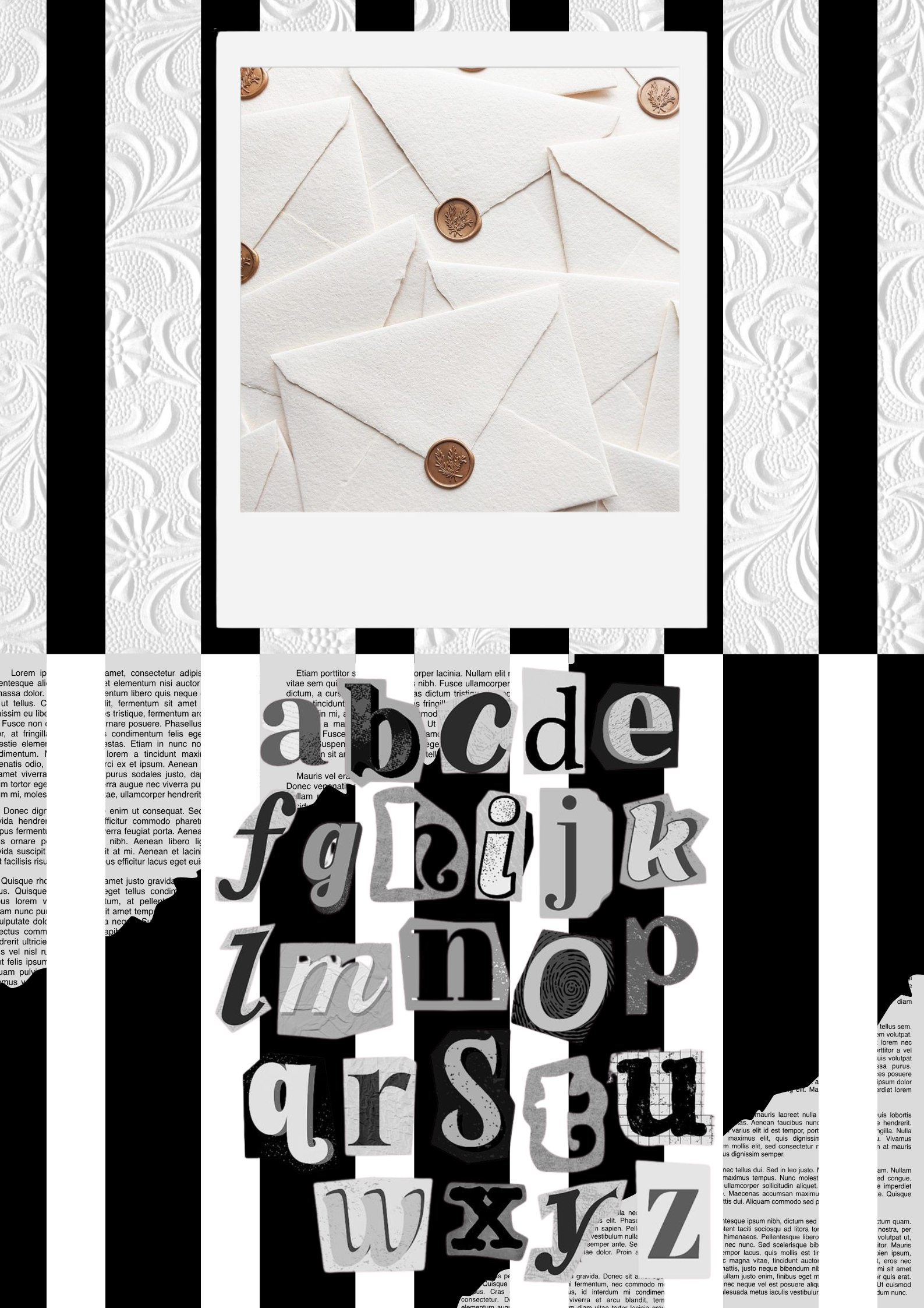 Sobres de papel artesanal sellados con lacre dorado junto a letras decorativas en diferentes tipografías, representando la creatividad y el estilo único de las cartas escritas a mano de Envía una carta.