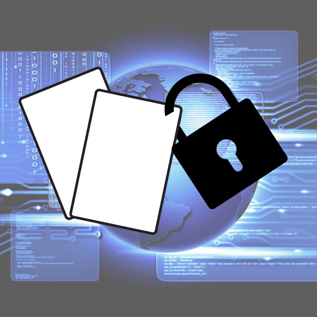 Icono de ciberseguridad con un candado negro y documentos frente a un fondo digital azul con el planeta Tierra, representando el aviso legal en Enviaunacarta.