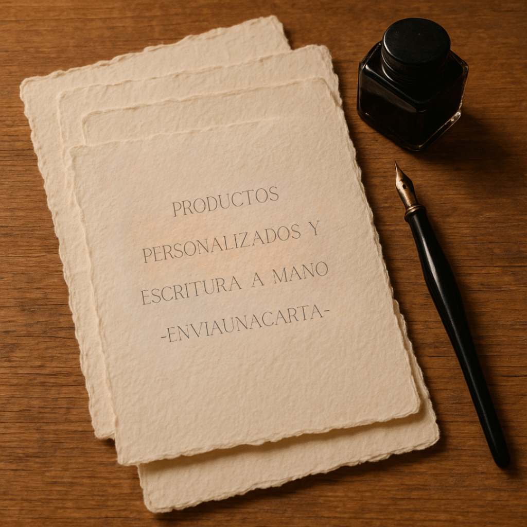 Papeles artesanales, pluma estilográfica y tintero junto a una carta escrita a mano, representando la unión entre artesanía, sostenibilidad y personalización,con frase acerca de los productos personalizados.