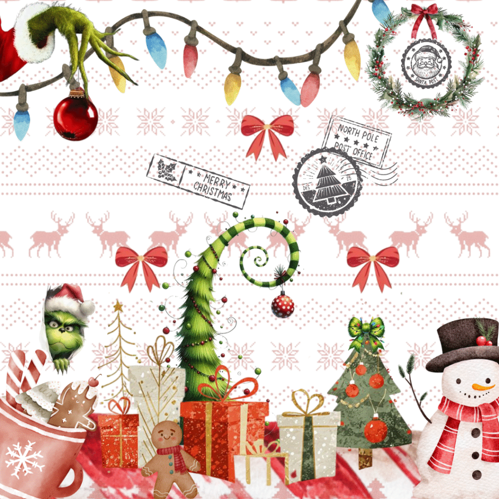 Composición navideña con muñeco de nieve, regalos, luces de colores, galletas, coronas, el Grinch y sellos del Polo Norte, que representa los diferentes diseños de cartas de Navidad escritas a mano.