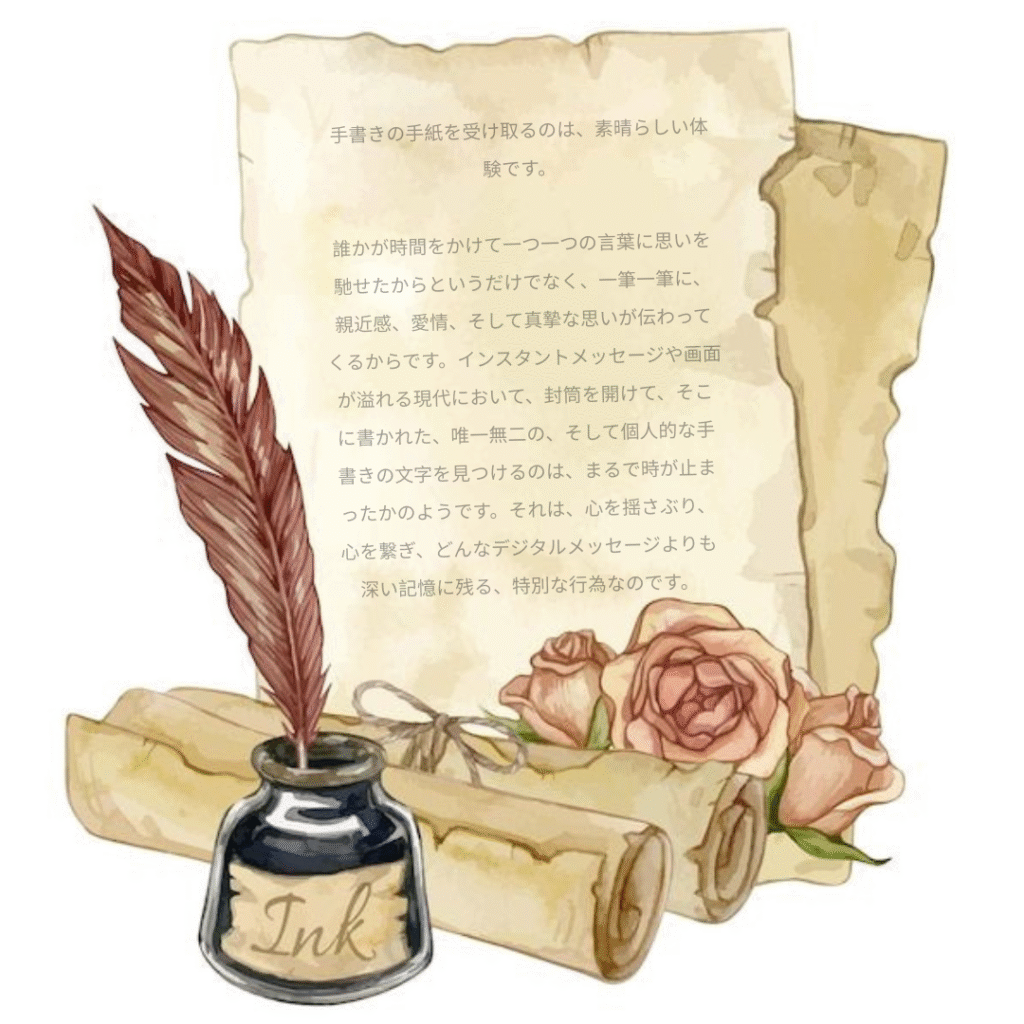 Ilustración de una pluma antigua junto a un tintero y pergaminos escritos en japonés, con rosas decorativas, evocando la elegancia y el arte tradicional de escribir cartas a mano.