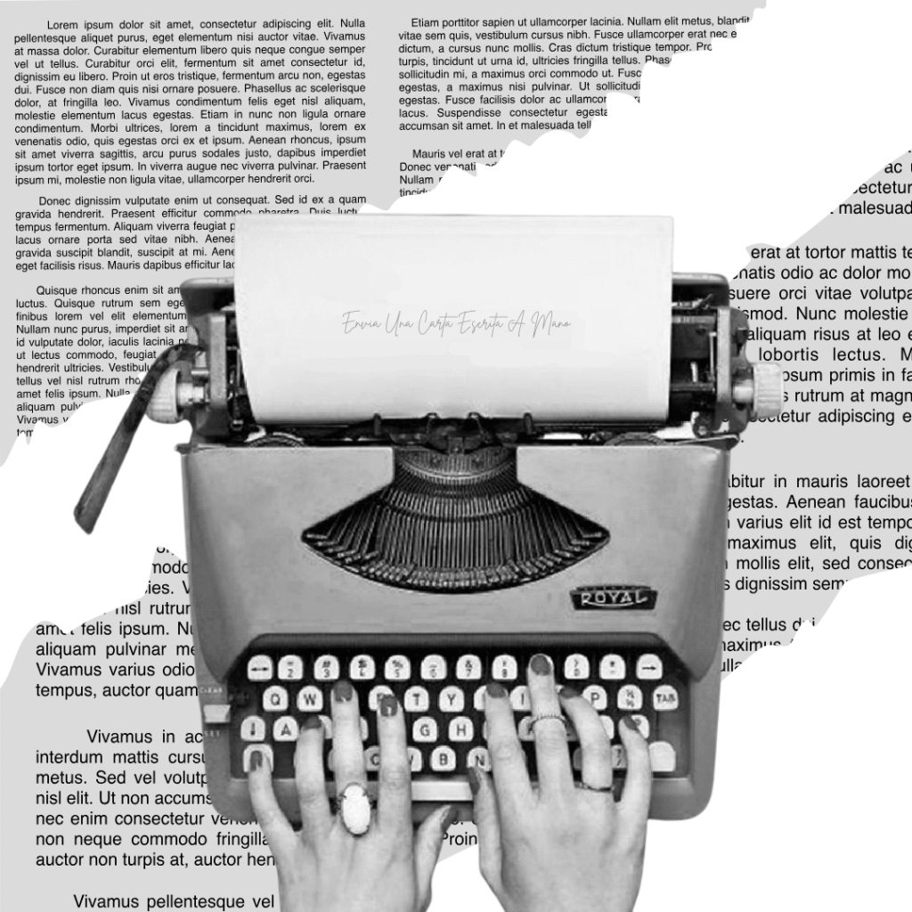 Primer plano de una máquina de escribir vintage con manos escribiendo una carta en papel, simbolizando la artesanía y el valor de la carta escrita a mano en Envía una carta.