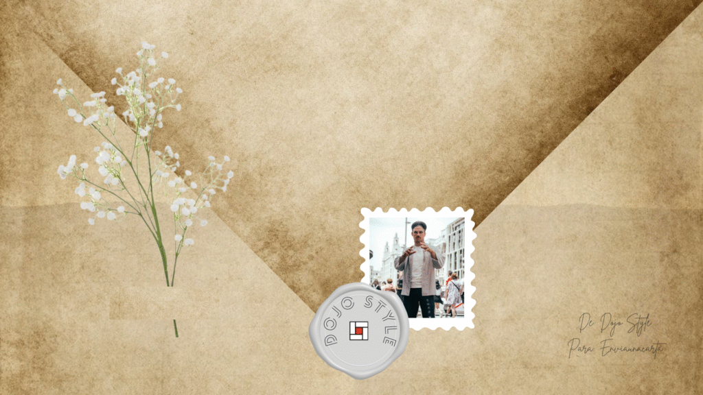 Sobre marrón envejecido, se muestra un sobre de cartas manuscritas sellado con el logotipo de Dojo Style y decorado con una ramita de flores blancas. En la esquina superior derecha aparece un sello con la foto de un hombre en postura de judo. En la parte inferior se lee la dedicatoria: “De Dojo Style para Envía una carta”.