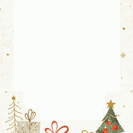 Carta de Navidad con árbol decorado y regalos dorados sobre fondo claro con detalles de copos de nieve.