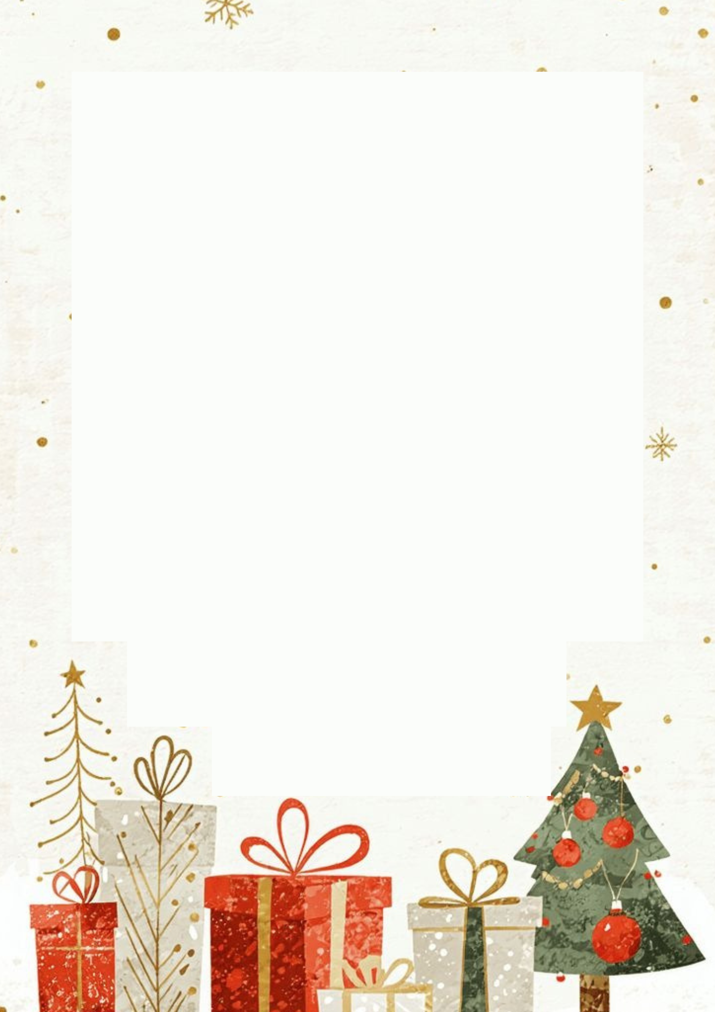Carta de Navidad con árbol decorado y regalos dorados sobre fondo claro con detalles de copos de nieve.