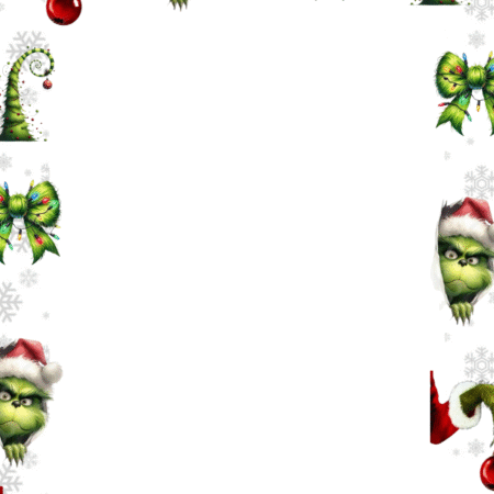 Carta de Navidad con ilustraciones del Grinch, lazos verdes con luces, árboles de Navidad retorcidos y bolas rojas sobre fondo blanco con copos de nieve.
