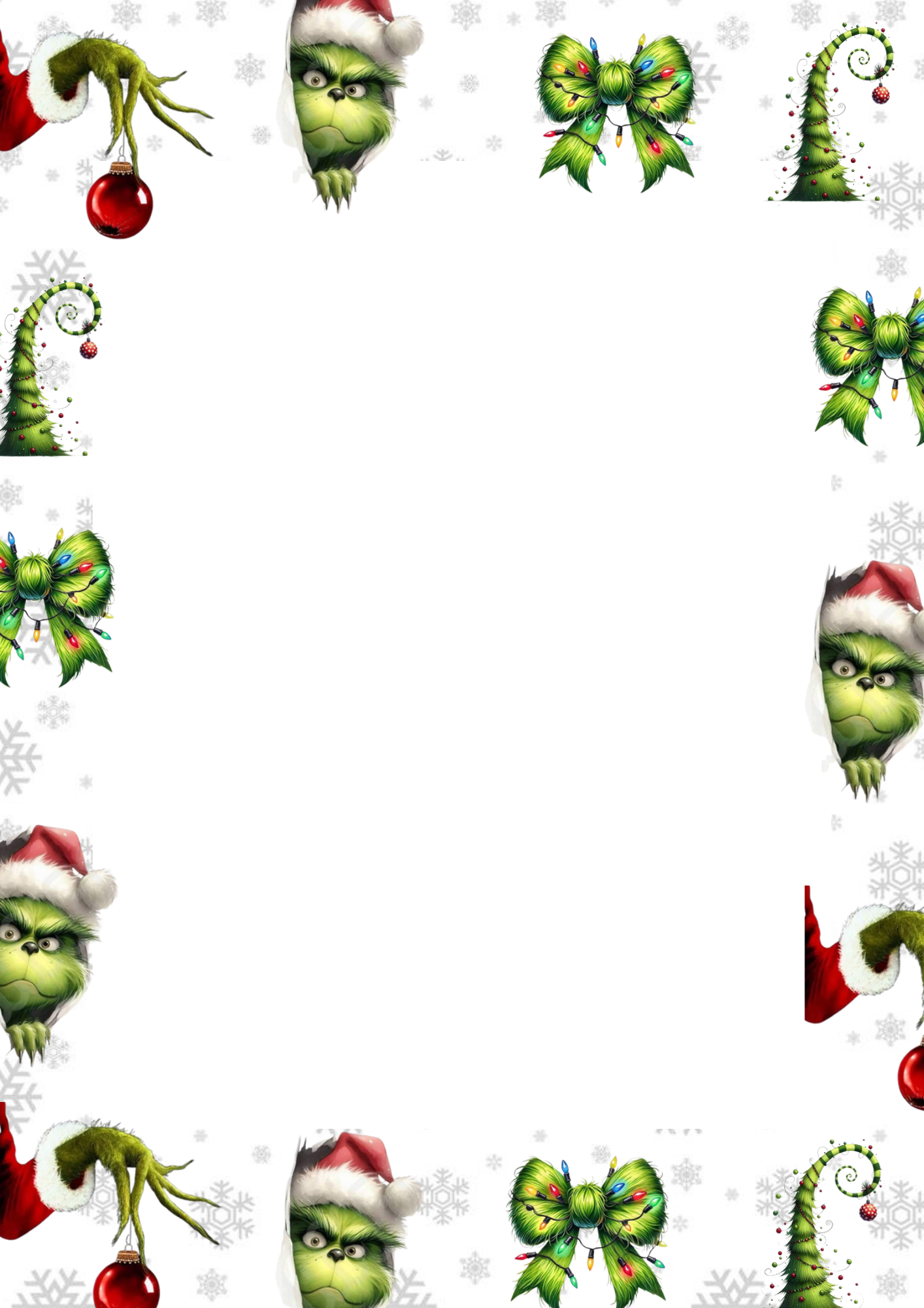 Carta de Navidad con ilustraciones del Grinch, lazos verdes con luces, árboles de Navidad retorcidos y bolas rojas sobre fondo blanco con copos de nieve.